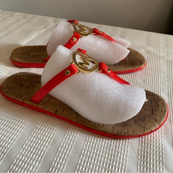 Michael Kors Cork Sandals Charm Jelly MK Gold Logo - Picture 2 of 13